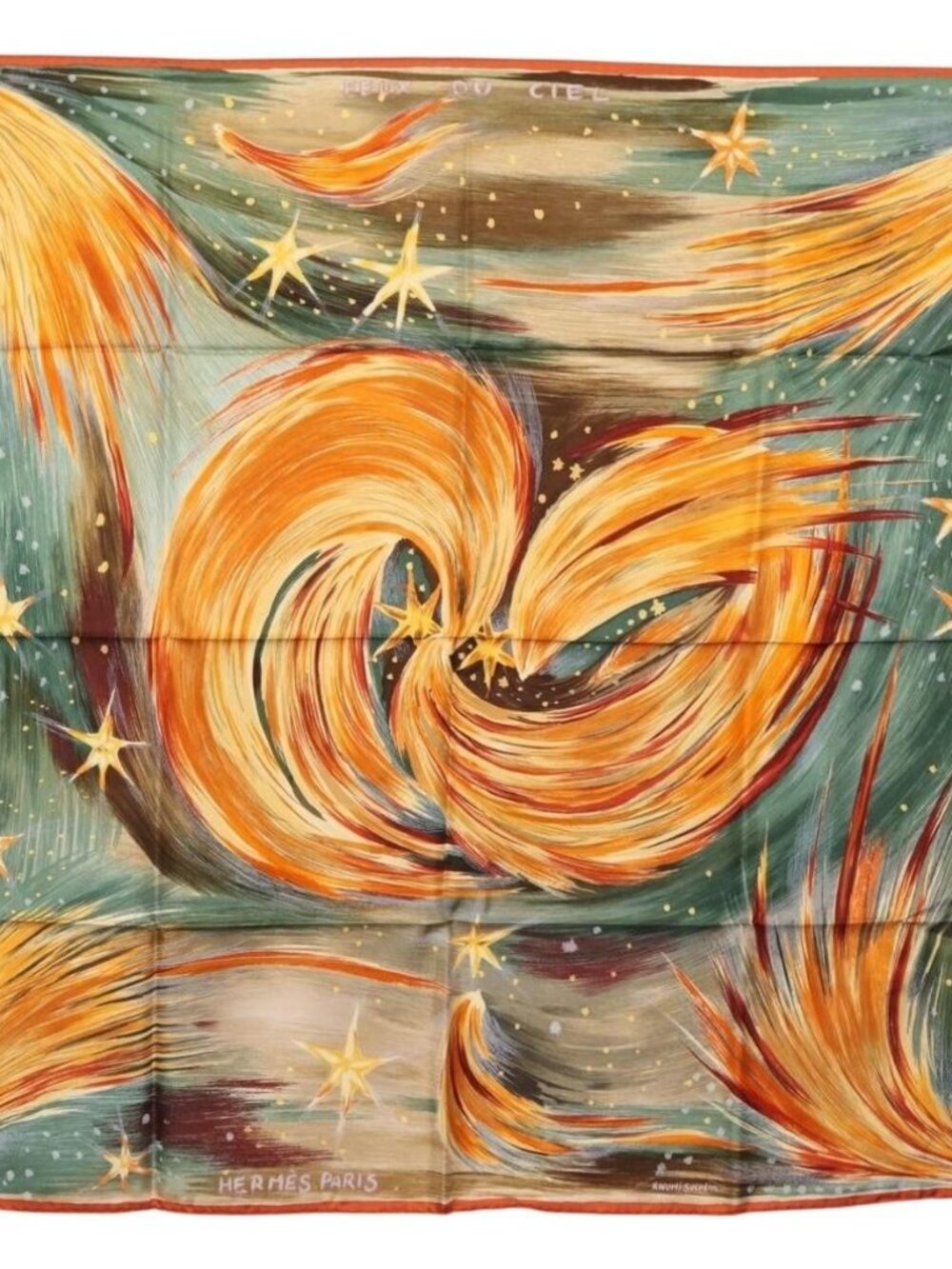 HERMES Carre 90 Scarf ""Feux du Ciel"" Silk Orange Auth BAZ823V